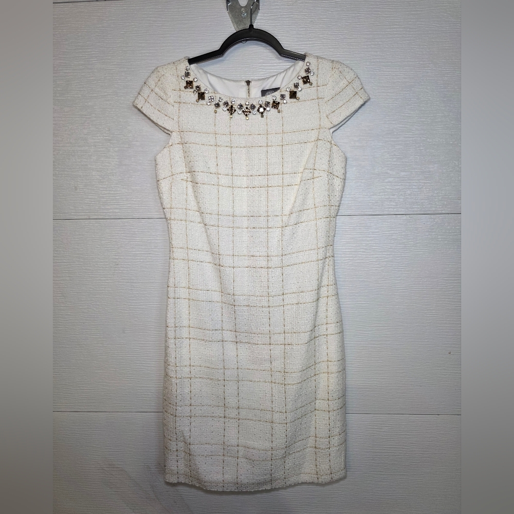 Vince Camuto White Plaid Mini Dress with Embellished Neckline